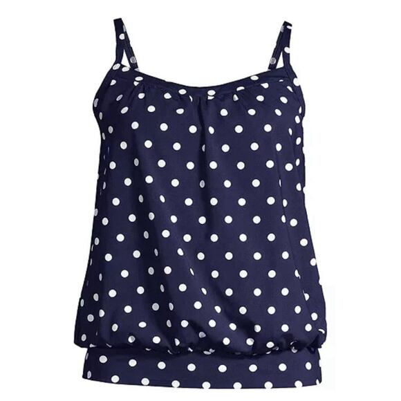 Lands End Tankini Swimsuit Top Size 2 Navy Blue White Polka Dot Blouson NEW - Picture 1 of 6